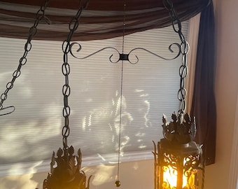 Vintage 2 Hanging Swag Lamp Plug In Light Amber Gold Glass Fixture Swag Light Lantern Pendant Light Set Mid Century Lamp