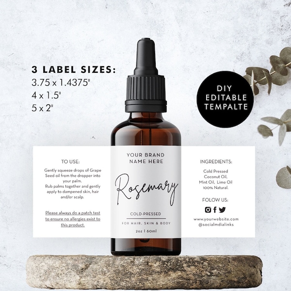 Custom Product Label - Editable Label Template - Stylish Dropper Essential Oil Label Design - DIY Label Bottle Label 1oz 2oz 4oz Serum Label
