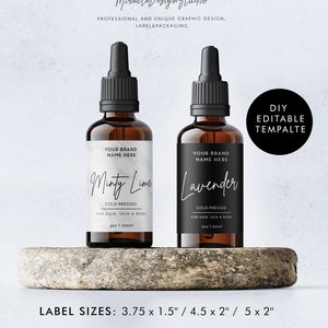 DIY Essential Oil Labels 3.75x1.5'' /  4.5"x2" /  5x2'' Editable product label, Dropper Bottle Label Template, Custom Wrapper Label Design