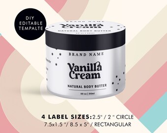 Editable Cosmetic Jar Label template, DIY Body Butter Product, Warp around and Circle Lid labels, Skin care, Retro Label, instant download
