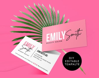 Business Card Template - DIY Beauty Card - Salon, Spa Nails, Lashes - Pink and white Feminine Business Card Design - Editable template