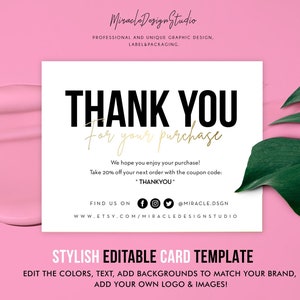 DIY Business Thank You Card, Business Thank You Card Template, Order Inserts template, Pink Customer thank you for purchase card design