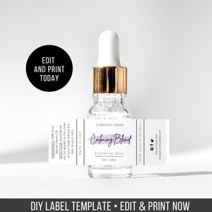 5ml Essential Oil Roller Bottle Labels - DIY Label - Custom Dropper Bottle Label Template 2.625x1&#39;&#39;- Product Label - Editable Label  Design