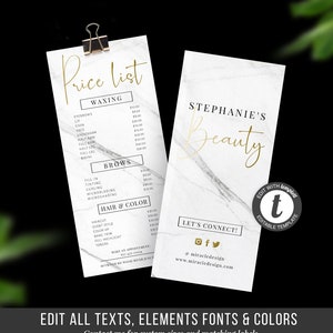 Price List Template - Editable DIY Template - Customizable Beauty Salon Price List - Printable Price Guide - Gold Effect - Price Sheet Menu