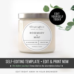 Soy candle labels - Editable label - Product label template - DIY Label - Printable label - Minimal round label design 3&#39;&#39; - Business Label