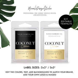 May include: Two black and gold candle labels with the text "Your Cosmetic Co. 100% hand-poured soy wax Coconut Cream Made with essential oils Hand poured 25 hrs 6oz / 228g" on a white background. The labels are 3x2 inches or 5x3 inches.