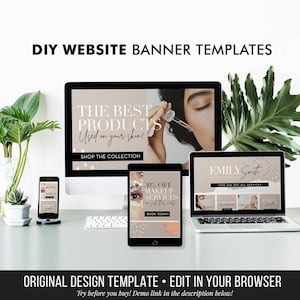 May include: A mockup of three website banners for a beauty business. The banners feature a woman with a dropper bottle, a makeup artist's eye with a 30% off sale, and a beauty salon logo with a 30% off sale. The text on the banners reads "The Best Products Used on Your Skin! Shop the Collection", "30% Off Makeup Services", and "Emily Smith Beauty Salon Take 30% Off All Services".