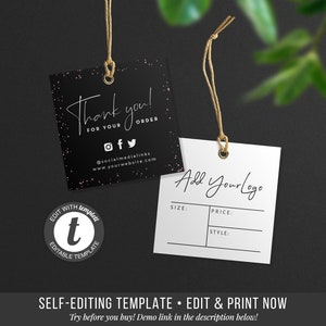 May include: Black and white thank you tag with pink glitter. The tag says "Thank you! For your order" and includes social media icons and a website address. A white tag with black text says "Add your logo" and has fields for size, price, and style.