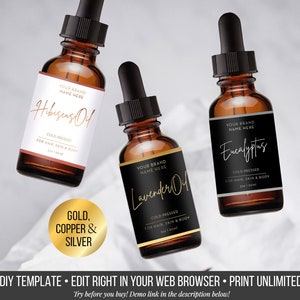 Editable product label - Stylish Essenial Label Design DIY gold foil label Custom Product Dropper Label - Bottle Label Template 2oz 4oz Oil