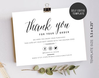May include: Black and white thank you card with the text "Thank you for your order". The card includes social media icons and the text "Take 20% off your next order with the coupon code: "THANKUOI"".