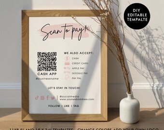 DIY Editable Scan to Pay Card, QR Code Sign, Printable Payment Sign, Sign for Small Business, Payment Printable, Modern Scan To Pay Template
