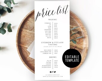 Editable Price List - DIY Pricing Guide - Custom Menu Template - Printable price guide - Beauty Price List - Printable Price Sheet 4x9''