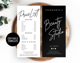 Editable Price List - DIY Menu Template - Customizable Beauty Price List - Printable Price Guide - Menu Price Sheet Template - Beauty Studio