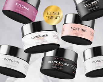 May include: Editable template for body butter labels. The labels are black, white, pink, and lavender with silver lids. The labels feature the text "BRAND NAME HERE", "Body Butter", "FRAGRANCE HERE", and the name of the scent, such as "Coconut", "Rose Hip", "Lavender", "Fuschia", and "Black Magic".