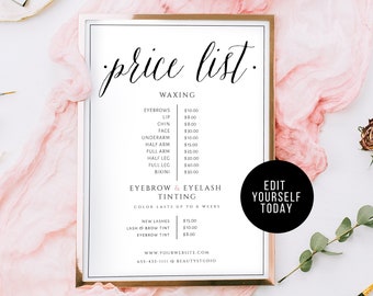 Op de afbeelding: Een witte prijslijst voor een schoonheidssalon met de titel "price list" in zwarte cursieve letters. De lijst bevat prijzen voor waxbehandelingen, wenkbrauw- en wimpersverven, en de tekst "Edit Yourself Today".