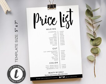 Business Price List, DIY Price List Template, Custom pricing guide, Printable Price Guide, Printable Pricing List, Editable Price List 5x7''
