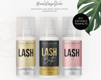 May include: Three white plastic bottles with clear spray tops and labels. The labels are black, gold, and pink with the text "YOUR BRAND cosmetic co. LASH Bath eyelash cleanser MOISTURIZES + PROTECTS 0 oz | 100ml" on each.