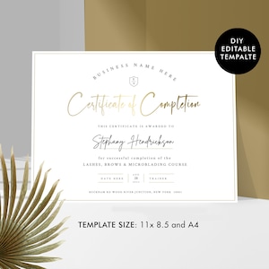 DIY Certificate of Completion Template, Printable Beauty Course Certificate, Lashes Award Template, Faux Gold Effect, Instant Access, GF-01