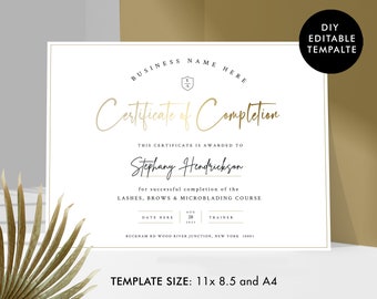DIY Certificate of Completion Template, Printable Beauty Course Certificate, Lashes Award Template, Faux Gold Effect, Instant Access, GF-01