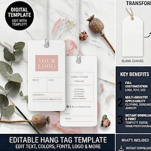 Puede incluir: Una plantilla digital de etiquetas colgantes con rect&aacute;ngulos blancos, espacios para logotipos en rosa, y campos para precio, talla y contenido. El dise&ntilde;o incluye texto personalizable, instrucciones de cuidado e iconos de redes sociales.