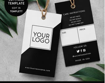 Könnte beinhalten: Eine bearbeitbare Anhänger-Vorlage mit einem schwarz-weißen geometrischen Design, das Platz für Logo, Pflegehinweise, Größe, Preis und Social-Media-Links bietet. Die digitale Datei ermöglicht die Anpassung von Text, Schriftarten und Farben in Templett.