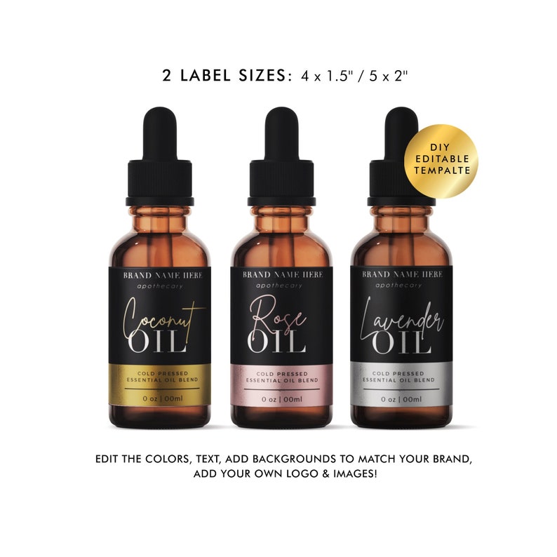 May include: Three amber glass essential oil bottles with black droppers. Each bottle has a black label with gold, pink, and silver text. The labels read "Coconut Oil", "Rose Oil", and "Lavender Oil". The text "Cold Pressed Essential Oil Blend" is also visible.
