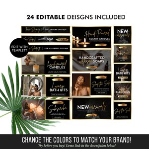 May include: A collection of 24 editable social media graphics for a luxury candle and bath product brand. The graphics feature a black background with gold accents and text that says "Hand-Poured Luxury Candles", "Handcrafted Artisan Soaps", "Luxury Bath Kits", "New Arrivals", "Shop the Sale", and "Subscribe".