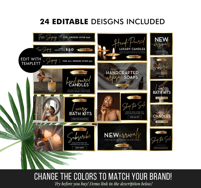 May include: A collection of 24 editable social media graphics for a luxury candle and bath product brand. The graphics feature a black background with gold accents and text that says "Hand-Poured Luxury Candles", "Handcrafted Artisan Soaps", "Luxury Bath Kits", "New Arrivals", "Shop the Sale", and "Subscribe".