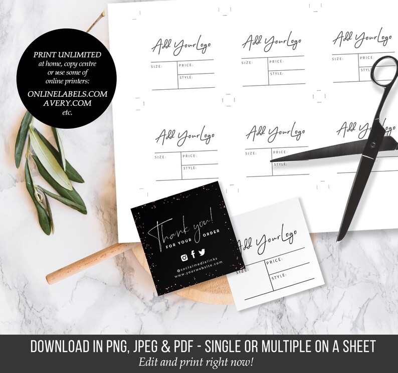 May include: Printable thank you tags with a black and white design. The tags feature the text "Thank you! For your order" and social media icons. The tags are designed to be printed on a sheet of paper and cut out.