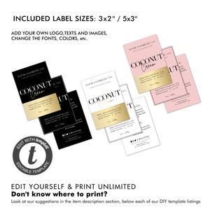 May include: Editable template for product labels with a black and gold design. The labels feature the text "Coconut Cream" and "Made with Essential Oils". The template is available in two sizes: 3x2 inches and 5x3 inches.