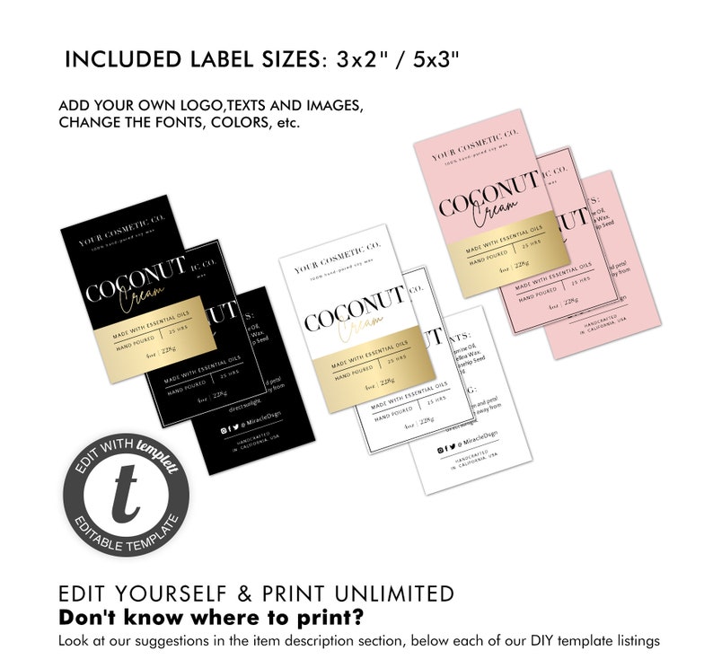 May include: Editable template for product labels with a black and gold design. The labels feature the text "Coconut Cream" and "Made with Essential Oils". The template is available in two sizes: 3x2 inches and 5x3 inches.