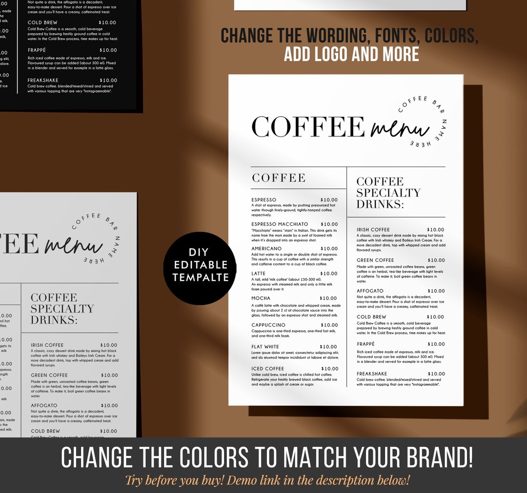 Editable Template Price List, Coffee Bar Price List, Restaurant Food
