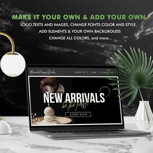 May include: A laptop computer displaying a website with the text "NEW ARRIVALS be the first!" and a button that says "SHOP NOW". The website has a black background with gold text and a hand-made cosmetics logo.