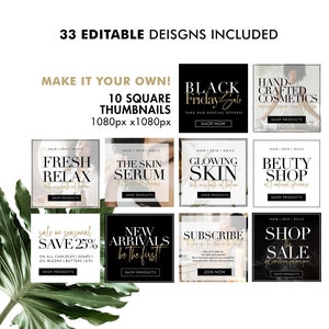 Op de afbeelding: Een collage van 10 vierkante social media thumbnails voor een beauty- en wellnessmerk. De thumbnails tonen een verscheidenheid aan producten en diensten, waaronder huidverzorging, haarverzorging en cosmetica. De tekst op de thumbnails bevat zinnen als "Fresh Relax", "The Skin Serum", "Glowing Skin", "Beauty Shop", "Sale on Seasonal Save 25%", "New Arrivals Be the First", "Subscribe" en "Shop the Sale".