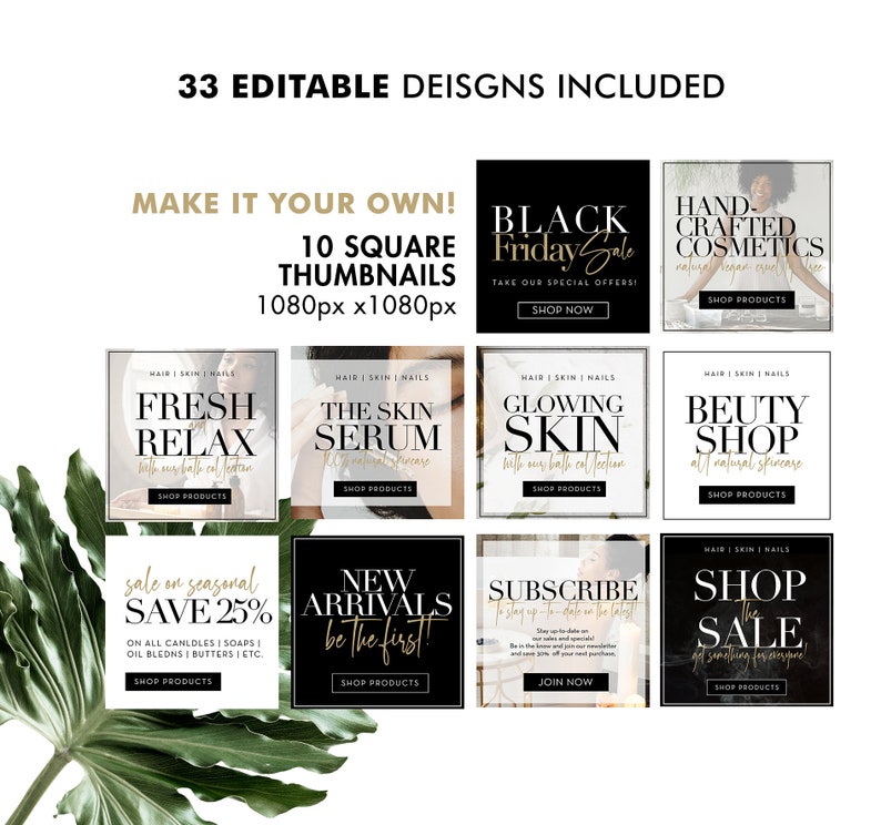 Op de afbeelding: Een collage van 10 vierkante social media thumbnails voor een beauty- en wellnessmerk. De thumbnails tonen een verscheidenheid aan producten en diensten, waaronder huidverzorging, haarverzorging en cosmetica. De tekst op de thumbnails bevat zinnen als "Fresh Relax", "The Skin Serum", "Glowing Skin", "Beauty Shop", "Sale on Seasonal Save 25%", "New Arrivals Be the First", "Subscribe" en "Shop the Sale".