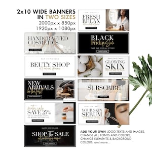 Op de afbeelding: Een set van tien zwart-witte banner sjablonen voor social media marketing. De banners bevatten gouden tekst en afbeeldingen van schoonheidsproducten, waaronder huidverzorging, cosmetica en kaarsen. De tekst op de banners bevat zinnen als "Fresh Relax", "Black Friday Sale", "Beuty Shop", "New Arrivals", "Winter Sale", "Subscribe", "Your Skin Serum" en "Shop the Sale".