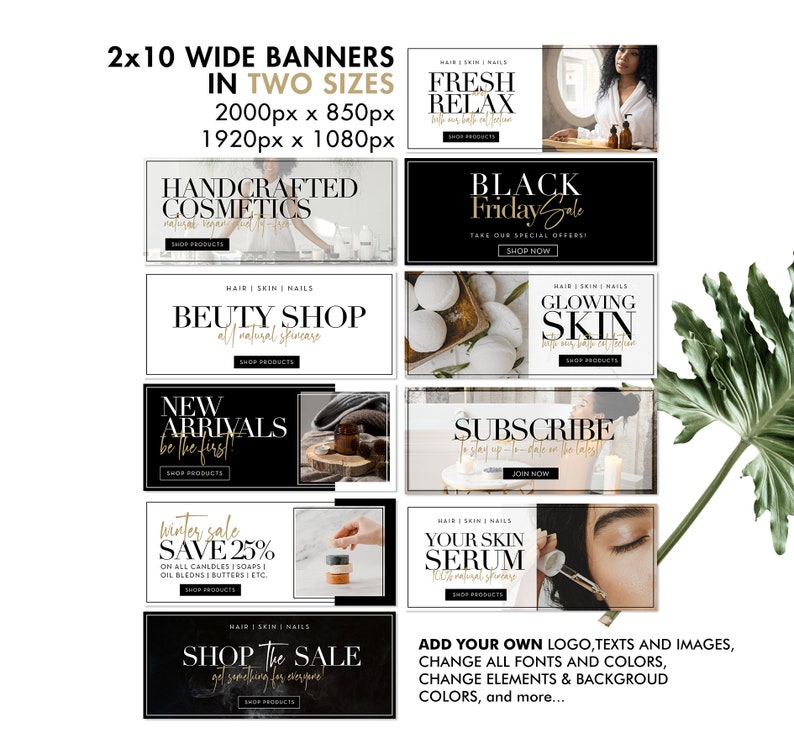 Op de afbeelding: Een set van tien zwart-witte banner sjablonen voor social media marketing. De banners bevatten gouden tekst en afbeeldingen van schoonheidsproducten, waaronder huidverzorging, cosmetica en kaarsen. De tekst op de banners bevat zinnen als "Fresh Relax", "Black Friday Sale", "Beuty Shop", "New Arrivals", "Winter Sale", "Subscribe", "Your Skin Serum" en "Shop the Sale".