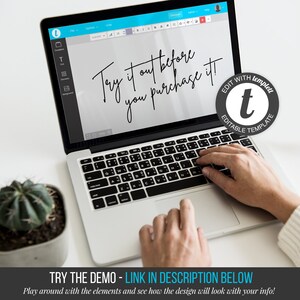 May include: A laptop computer screen displaying a text overlay that reads "Try it out before you purchase it!" with a gray circle containing the letter "t" and the text "EDIT WITH templat EDITABLE TEMPLATE".