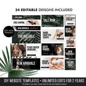 May include: 24 editable social media banner designs for a beauty or skincare brand. The banners feature black and green foliage, gold glitter, and white text. The text includes phrases like "Sale Now", "New Arrivals", "The Big Sale", "Plant-Based Skincare", "Bath Bombs", "Hand Crafted Soaps", and "Organic Cosmetic".