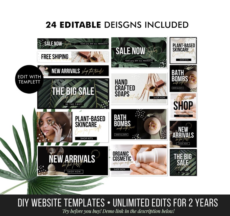 May include: 24 editable social media banner designs for a beauty or skincare brand. The banners feature black and green foliage, gold glitter, and white text. The text includes phrases like "Sale Now", "New Arrivals", "The Big Sale", "Plant-Based Skincare", "Bath Bombs", "Hand Crafted Soaps", and "Organic Cosmetic".