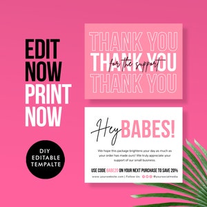 DIY Editable Thank you card - Customizable Thank you insert - Printable Thanks for Order - Customer Pink Feminine Thank You Business Card