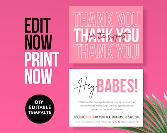 DIY Editable Thank you card - Customizable Thank you insert - Printable Thanks for Order - Customer Pink Feminine Thank You Business Card