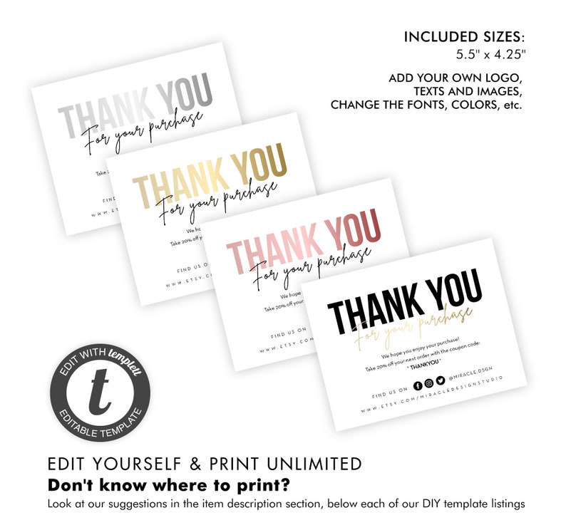 Business Thank You Card Order Inserts Template Instant Etsy
