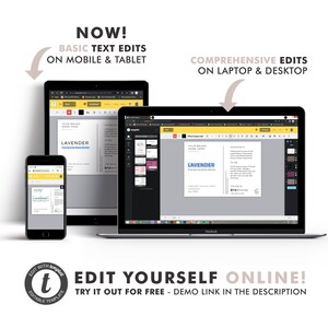 May include: A mockup of a website showing how to edit a product label design on a mobile phone, tablet, and laptop. The label is for a lavender body butter and features the text "LAVENDER" in a black and white color scheme. The text "EDIT YOURSELF ONLINE!" is displayed below the mockups.
