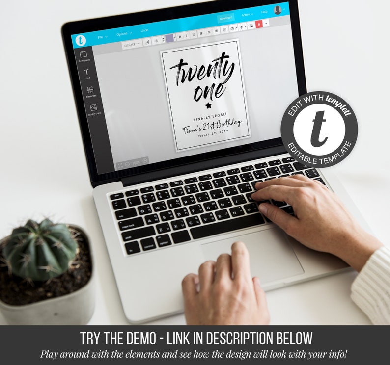 May include: A laptop computer screen displaying a black and white printable birthday sign template with the text "twenty one" and "finally legally" with a star graphic. The text "Trena's 21st Birthday" and "March 29, 201" is also included. The sign is being edited using a template editing software. The text "EDIT WITH templet" and "EDITABLE TEMPLATE" is also visible on the screen.