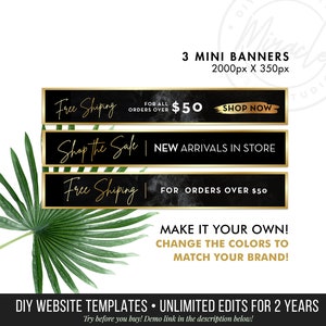 May include: Three black and gold mini banners with white text. The banners read "Free Shipping for all orders over $50 Shop Now", "Shop the Sale | New Arrivals in Store", and "Free Shipping | For orders over $50".