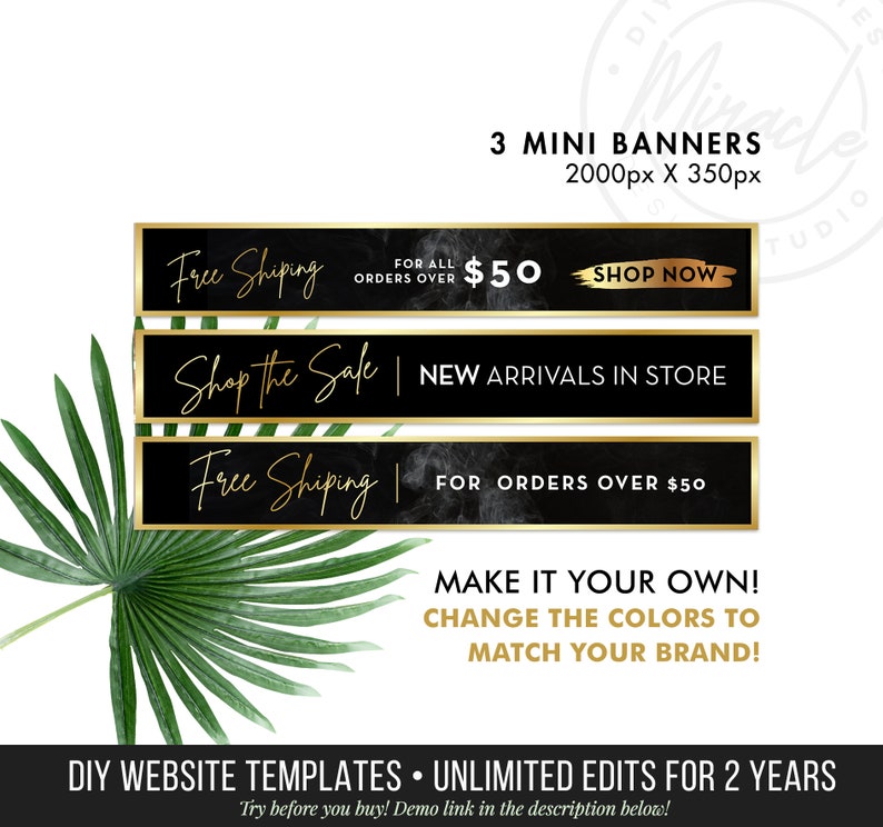 May include: Three black and gold mini banners with white text. The banners read "Free Shipping for all orders over $50 Shop Now", "Shop the Sale | New Arrivals in Store", and "Free Shipping | For orders over $50".