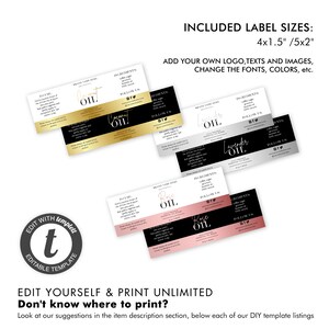 May include: A mockup of editable label templates for essential oils, including Coconut, Lavender, and Rose Oil. The labels are in various colors, with the text "OIL" prominently displayed. The image includes the text "EDIT YOURSELF & PRINT UNLIMITED".