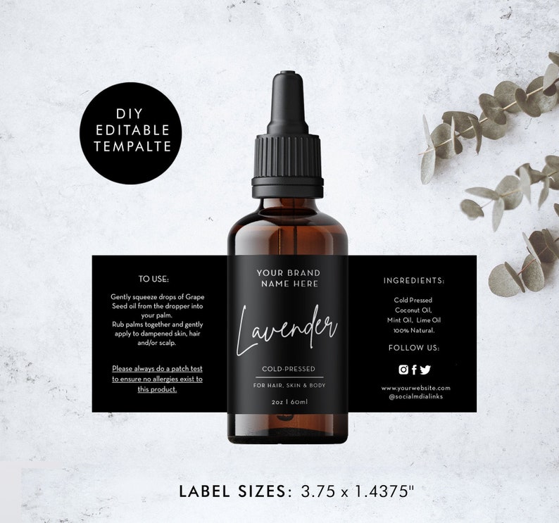 Puede incluir: Una etiqueta en blanco y negro para una botella de aceite esencial de lavanda. La etiqueta dice "Su Nombre de Marca Aqu&iacute;", "Lavanda", "Prensado en Fr&iacute;o", "Para Cabello, Piel y Cuerpo", "2 oz | 60 ml", "Ingredientes: Aceite de Coco Prensado en Fr&iacute;o, Aceite de Menta, Aceite de Lima, 100% Natural.", "S&iacute;guenos:" con iconos de redes sociales y la direcci&oacute;n del sitio web. La etiqueta tambi&eacute;n incluye instrucciones de uso.