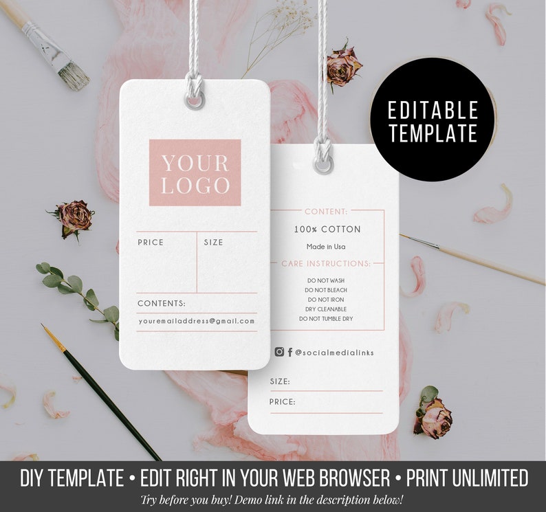 Puede incluir: Dos etiquetas rectangulares blancas con esquinas redondeadas y cordones blancos. La etiqueta izquierda presenta un recuadro rosa con el texto YOUR LOGO, seguido de campos para PRICE, SIZE, CONTENTS y una direcci&oacute;n de correo electr&oacute;nico.